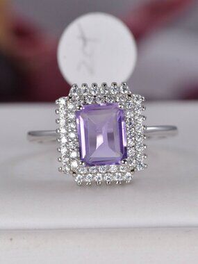 Natural Halo Radiant Cut Amethyst Sterling Silver Ring Size 7
